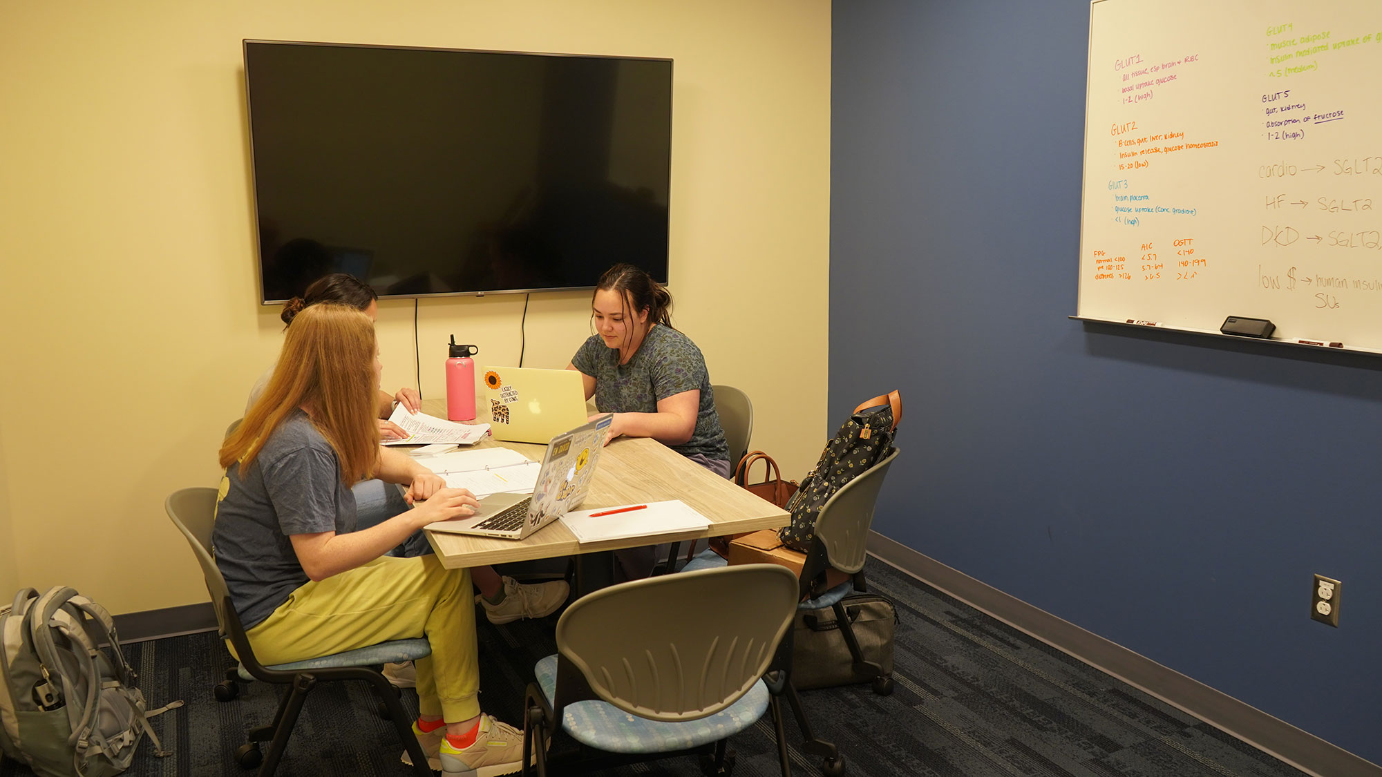 A more private room with a single desk.  You can also see a monitor mounted on the wall behind the desk and a white board on the adjacent wall.